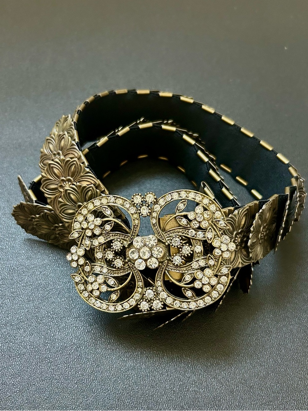 Embellished Floral Belt with Rhinestone Buckle